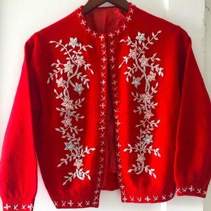 Vintage beaded cardigan sweater (red, size small-medium)
